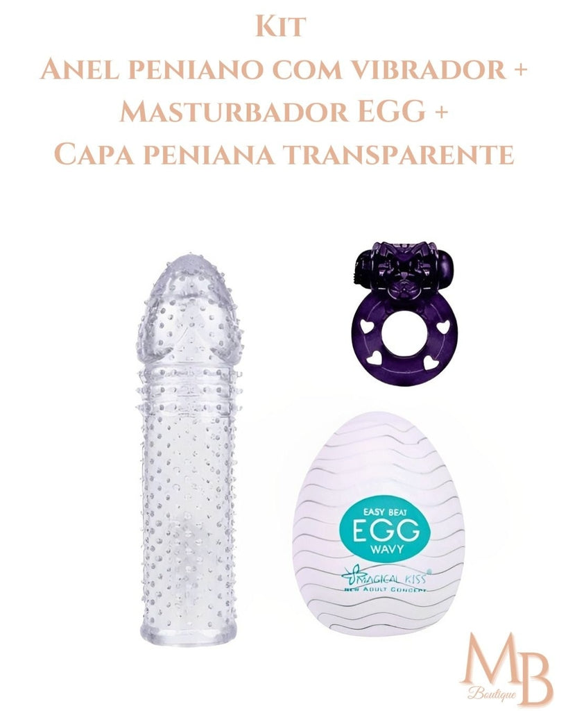 kit - Anel peniano com vibrador + Masturbador EGG + Capa peniana transparente