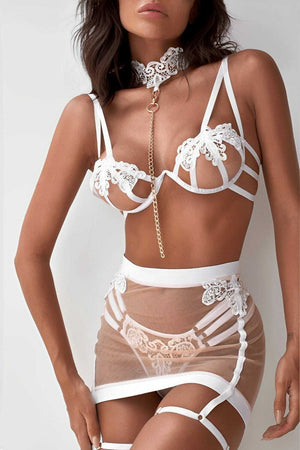 Lingerie transparente com saia e ligas de perna 