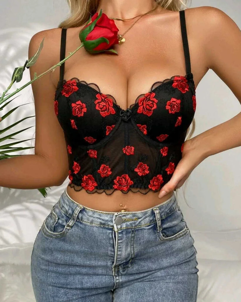 Cropped com bordado em rosas