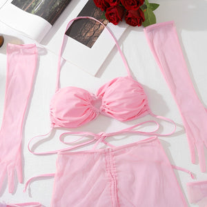 Lingerie com luvas, meias, saia e calcinha fio dental