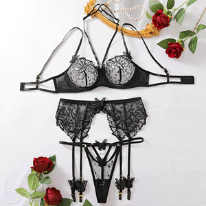 Lingerie transparente com cinta liga (detalhes em borboleta)