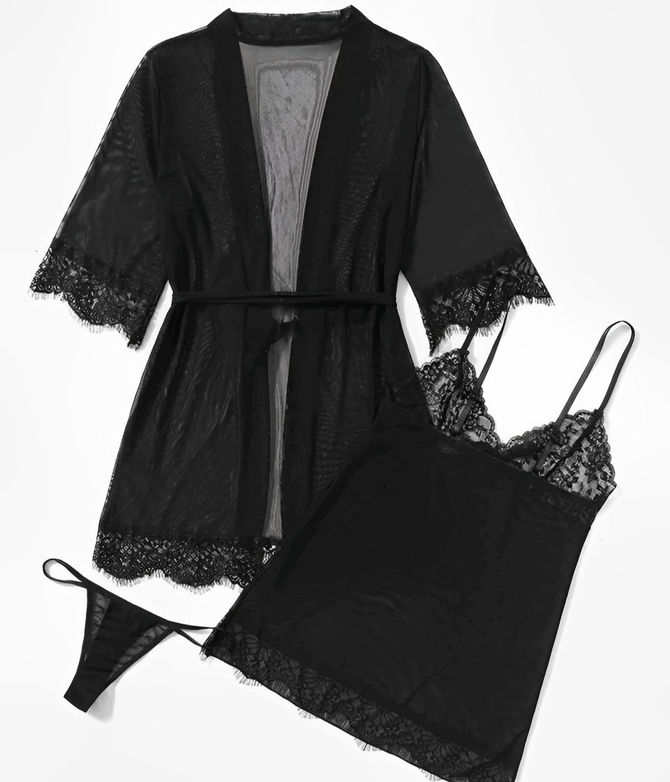 Camisola transparente com robe, calcinha e cinto